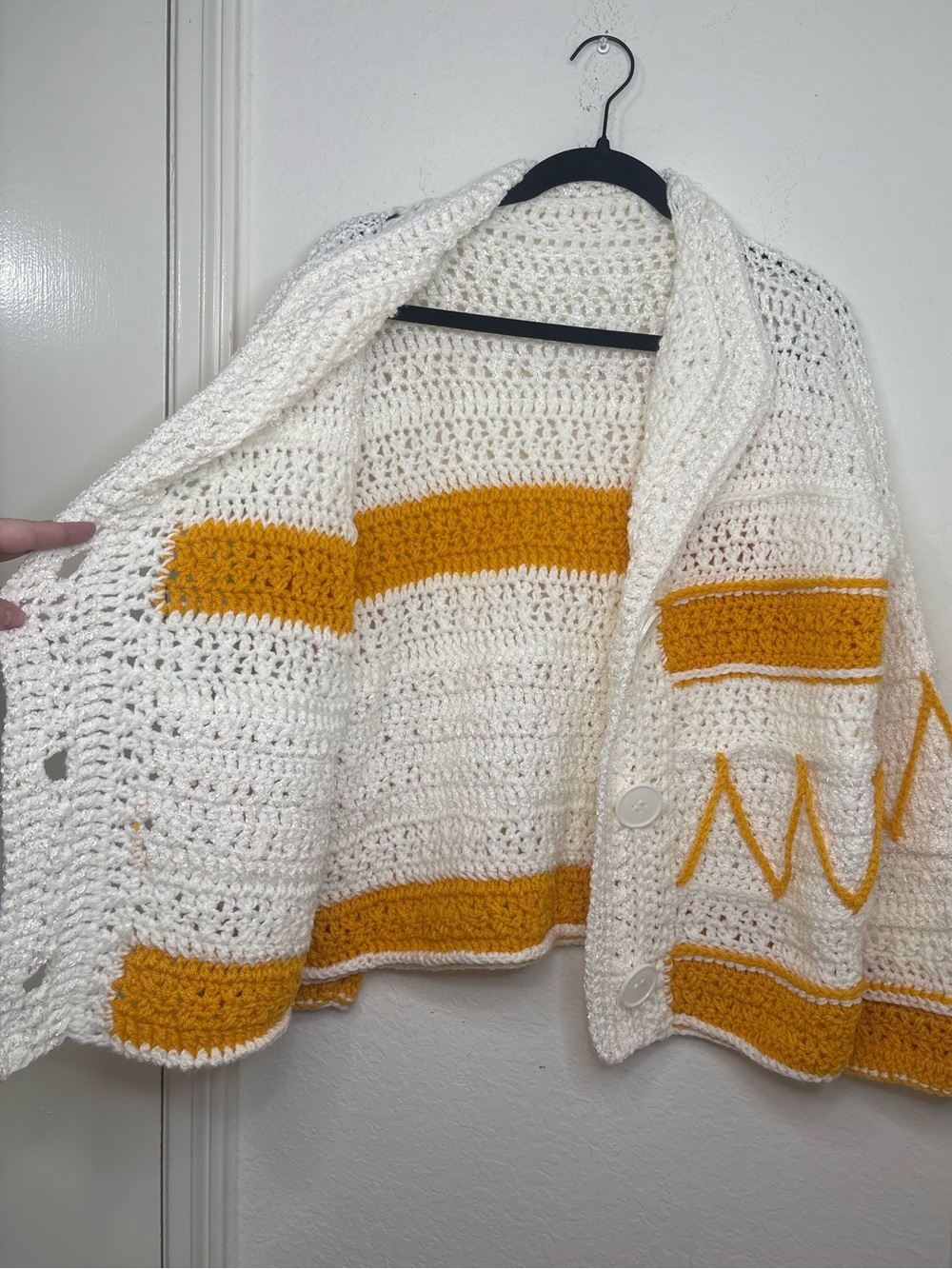 Handmade Knit Crochet Cardigan Sweater Mustard Yellow & Cream Boho - Picture 16 of 16